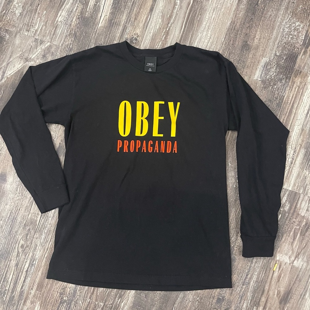 Obey Black Long Sleeve Tee with Yellow and Red Print